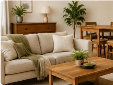 Cozy living room with beige sofa, wooden coffee table, and dining area in the background.