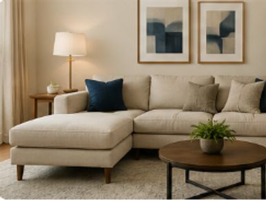 Cozy beige sectional sofa with blue and gray cushions in a stylish living room.
