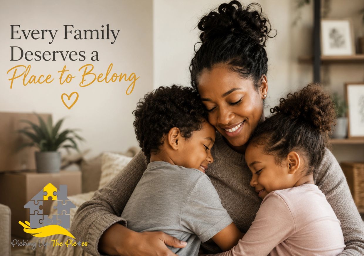 A mother warmly embraces her two children, symbolizing family love and belonging.
