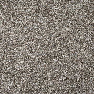 Close-up of a textured beige and gray carpet.