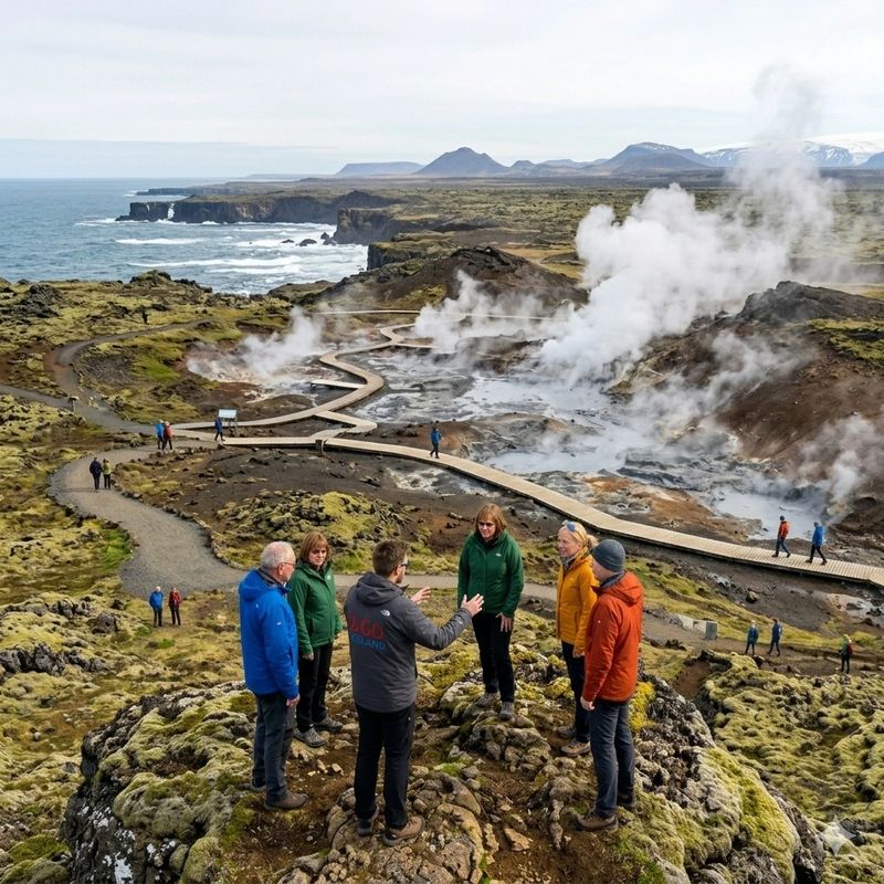 Small group tour in Iceland standing above a geothermal area with steam vents and ocean cliffs, guided by a 2Go Iceland expert explaining the volcanic landscape