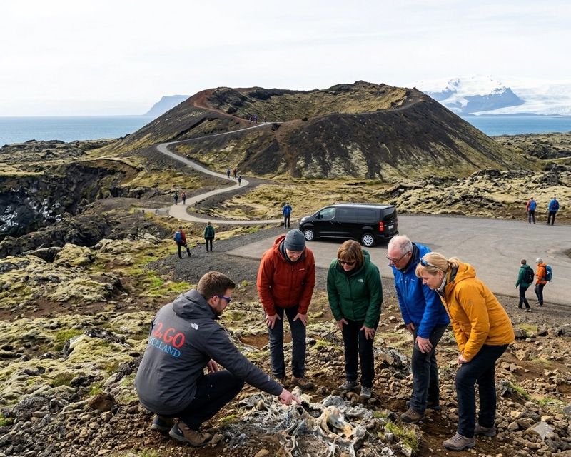 Guided small group exploring volcanic terrain in Iceland near a crater, with a 2Go Iceland guide explaining lava formations and coastal landscape in the background