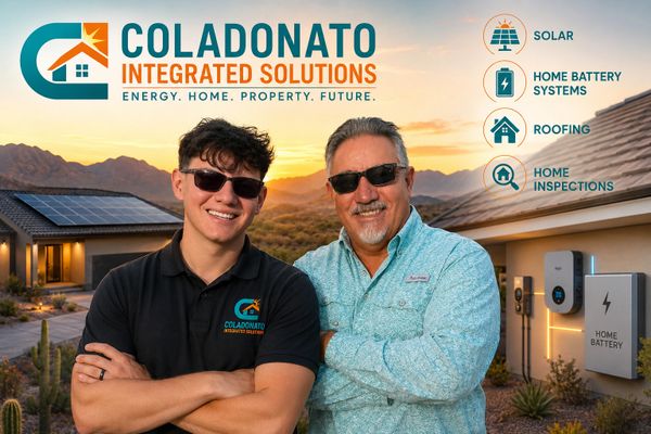 Two men smiling in front of a home with solar panels and home battery systems at sunset.
