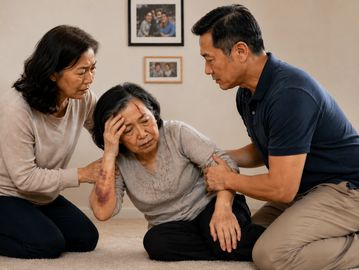Dementia caregivers helping their mother after a fall with injuries and promoting dementia safety.