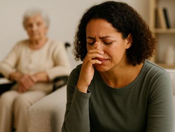 Caregiver experiencing stress and emotional challenges while caring for an older adult with dementia