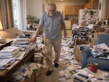  A man with dementia in a home affected by hoarding behaviors, safety risks, & caregiver challenges.