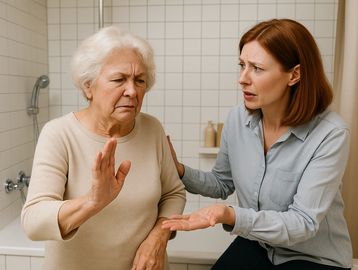 Caregiver using communications to support her mother with dementia-related confusion and distress.