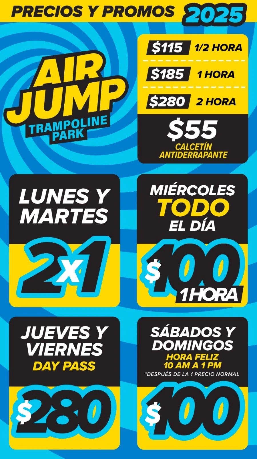 Promotional prices for Air Jump Trampoline Park in 2025 with various daily deals and time options.