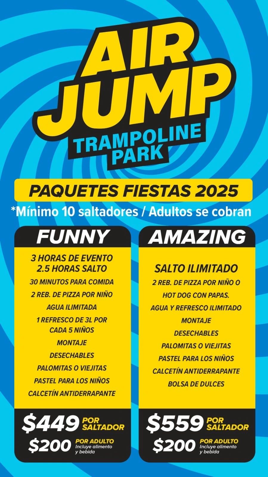 Promotional flyer for Air Jump Trampoline Park party packages in 2025 with two pricing options.