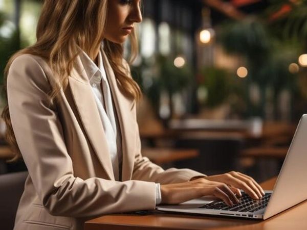 A focused woman in a beige blazer working on a laptop indoors.