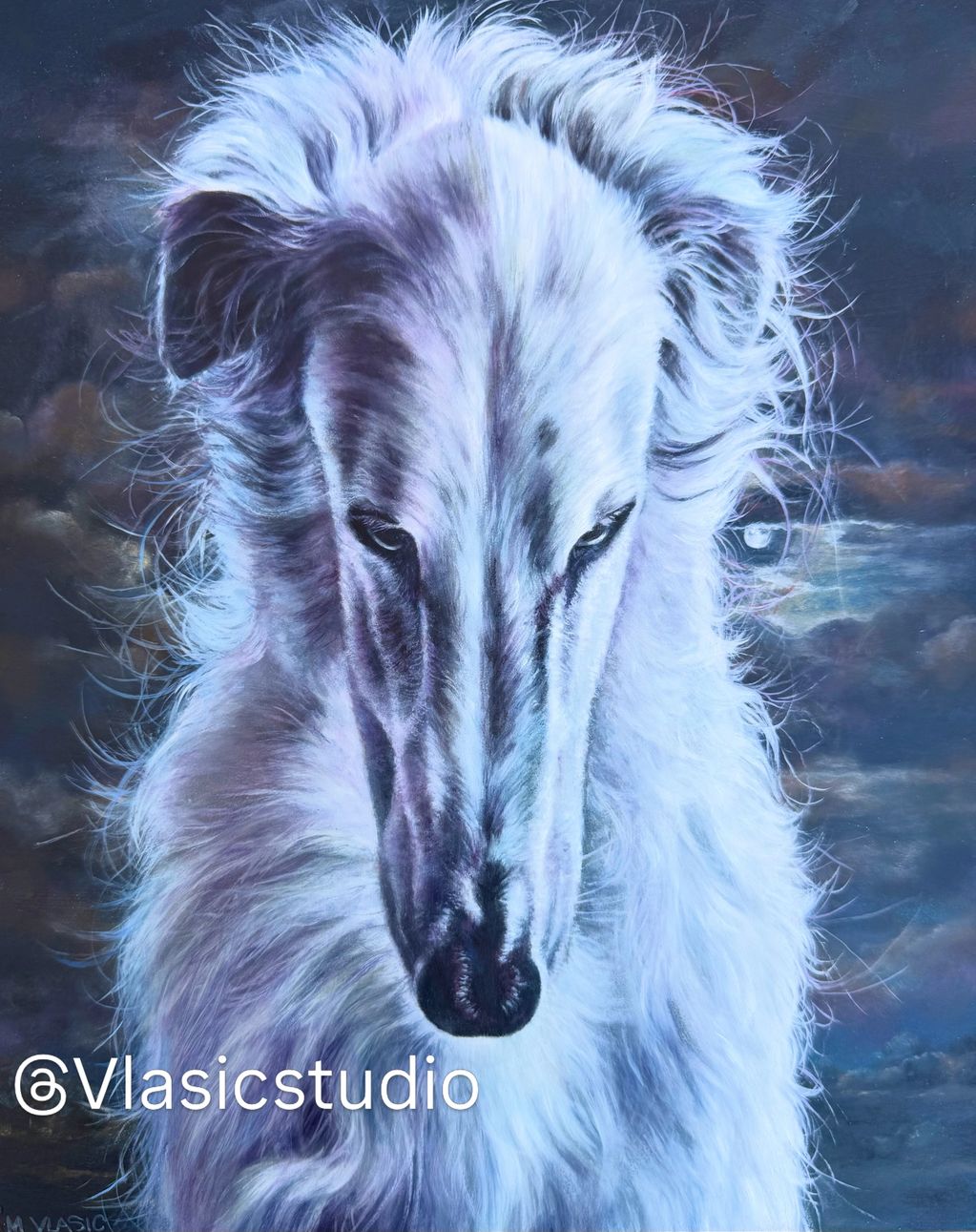 Realism oil painting of head of Borzoi dog set against a moonlit night sky by artist M Vlasic.