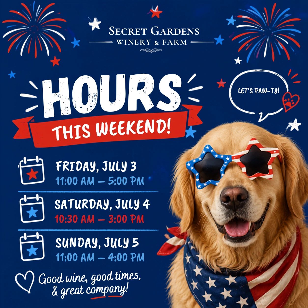 Secret Gardens Winery holiday hours flyer with a golden retriever in star sunglasses