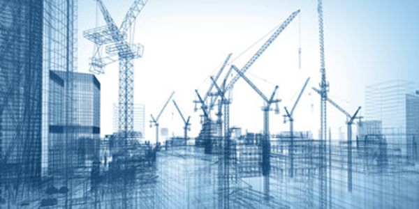 Digital wireframe of a construction site with cranes.