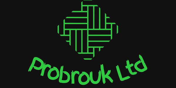 Green woven pattern logo with text Probruk Ltd on black background.