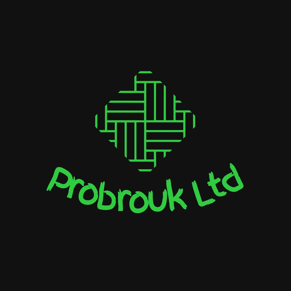 Green woven pattern logo with text Probruk Ltd on black background.