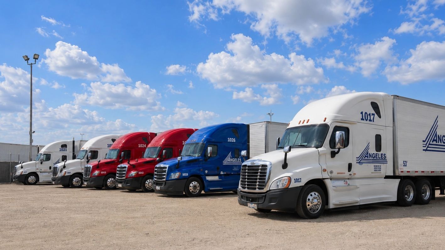 Fleet of colorful Angeles trucks lined up under a bright sky.
