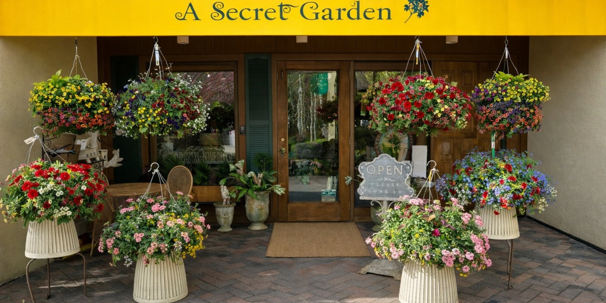 Colorful hanging flower baskets decorate the entrance of A Secret Garden store.