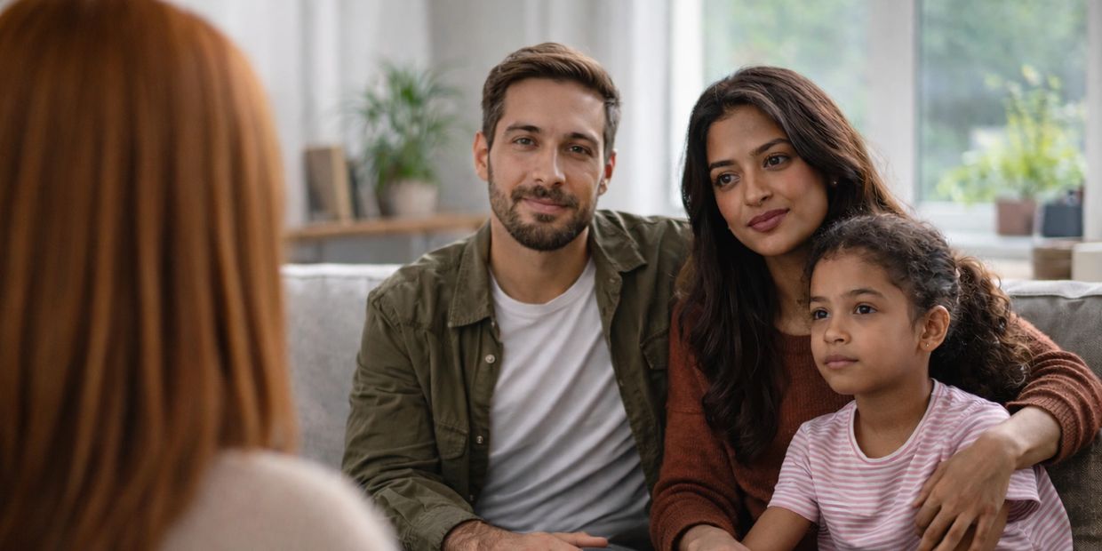 A family of three attentively listening to a counselor in a cozy room.