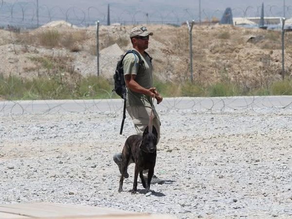 A man with a dog standing on rocky ground near a fence with barbed wire.