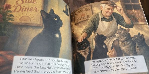 A man gently pats cats in a cozy diner.