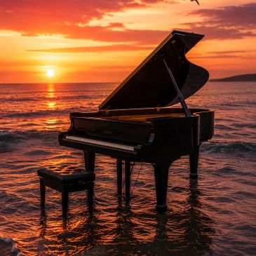 Grand piano and bench in the ocean at sunset.