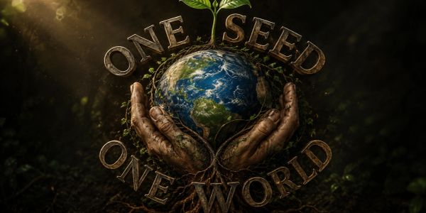 Hands hold Earth with text: One Seed One World.