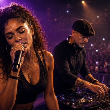 Woman singing passionately with DJ playing music