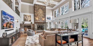Living room remodel with vaulted ceilings and fireplace