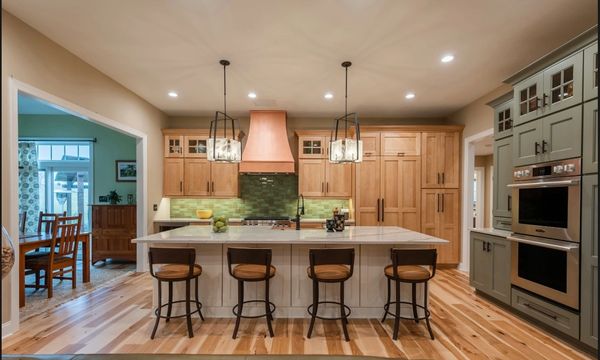 Modern kitchen with island and wooden cabinets.
