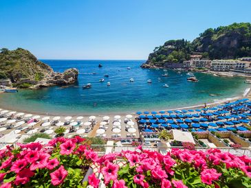 Scenic beach with umbrellas, boats, and vibrant flowers under a clear blue sky.