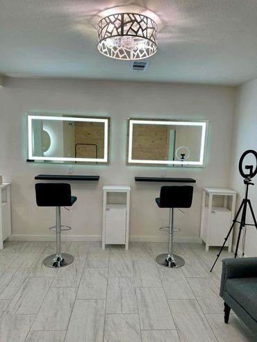 LED mirrors, adjustable chairs & charger plugs in the bridal suite at The Enchanted Point DFW weddin