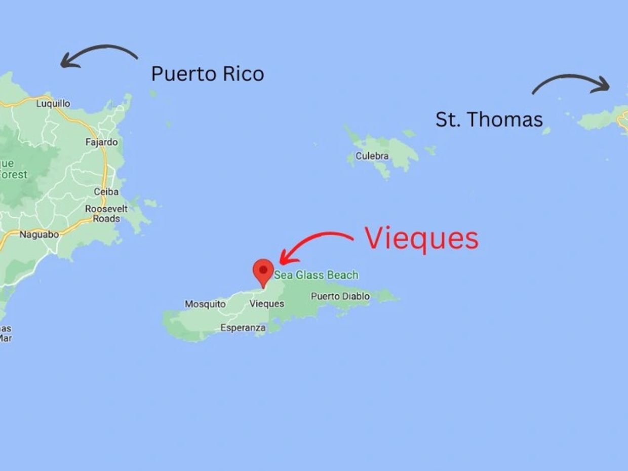 Map highlighting Vieques island and Sea Glass Beach in Puerto Rico.