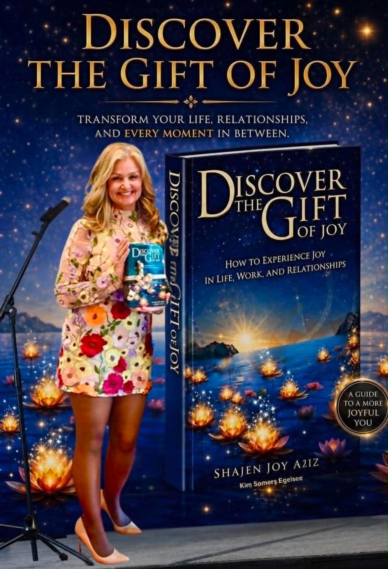 Woman promoting the book Discover the Gift of Joy by Shajen Joy Aziz.