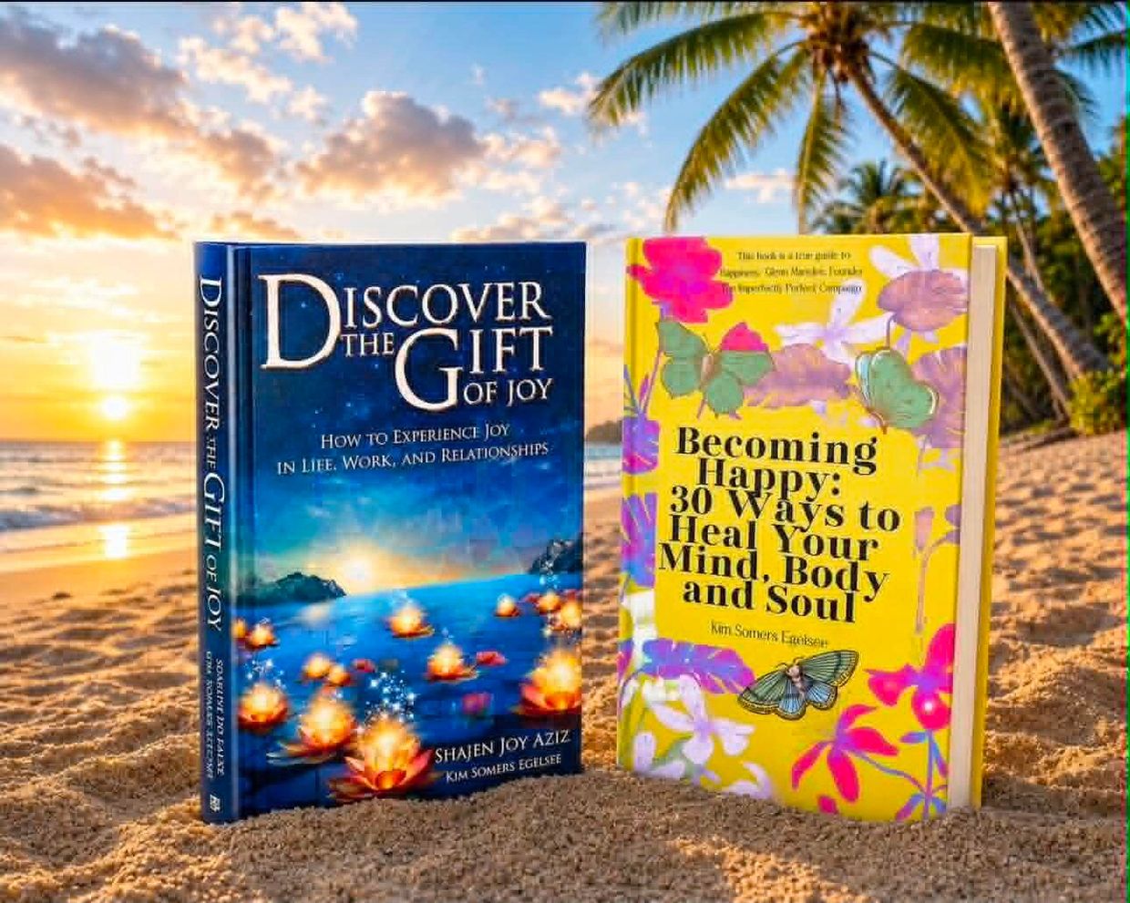 Two self-help books on a sunny beach with palm trees and a sunset.