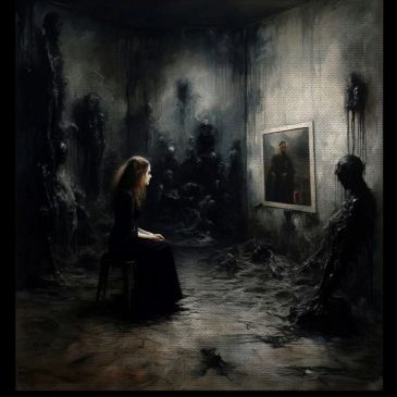 Woman sitting in a dark, eerie room facing a framed portrait and shadowy figure.