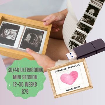 3D4D mini session package images include USB, a strip of printed thermal images, mom hold a picture 