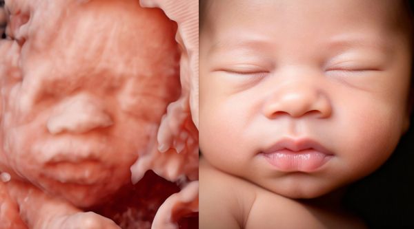 Side-by-side image of a 3D ultrasound fetus and a sleeping newborn baby.