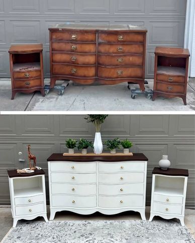 Before and after photos of wooden dresser and nightstands refinished with white paint and dark tops.