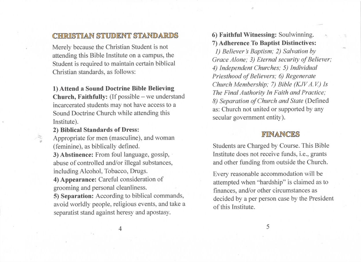 Christian Student Standards and Finances guidelines from a Bible Institute booklet.