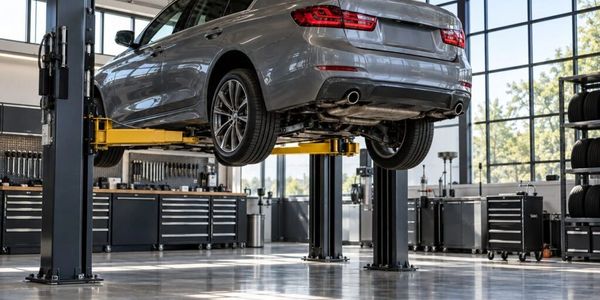 Car lifted on a hydraulic lift in a modern auto repair shop.