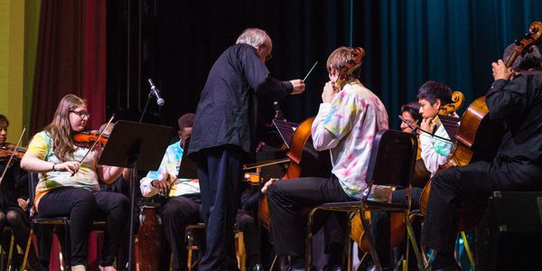 An orchestra performs under a conductor on stage.