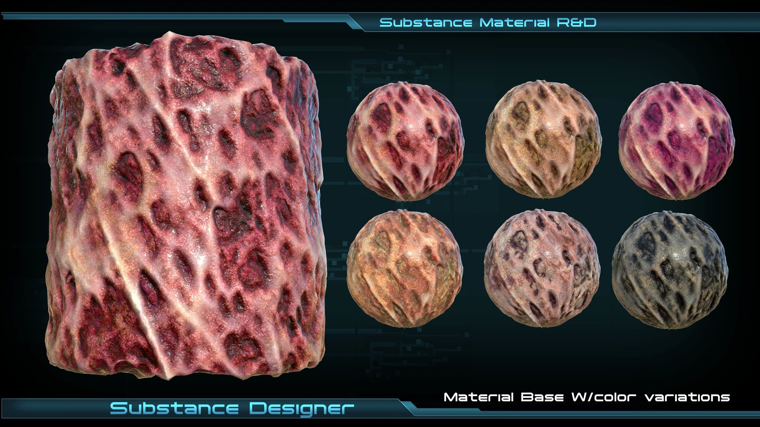 3D textures of a rugged, organic surface with color variations.