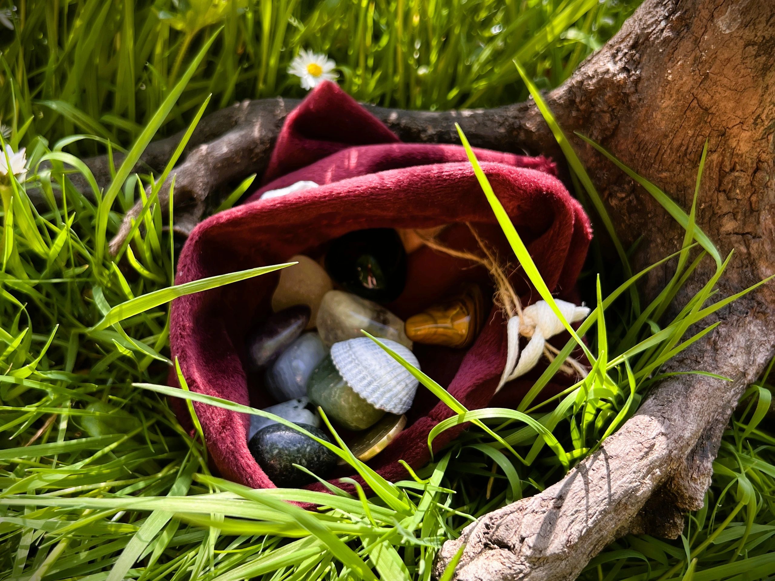 Purple velvet bag laying in the grass at the foot of a branch containing a SpiritCraft Lithomancy Se
