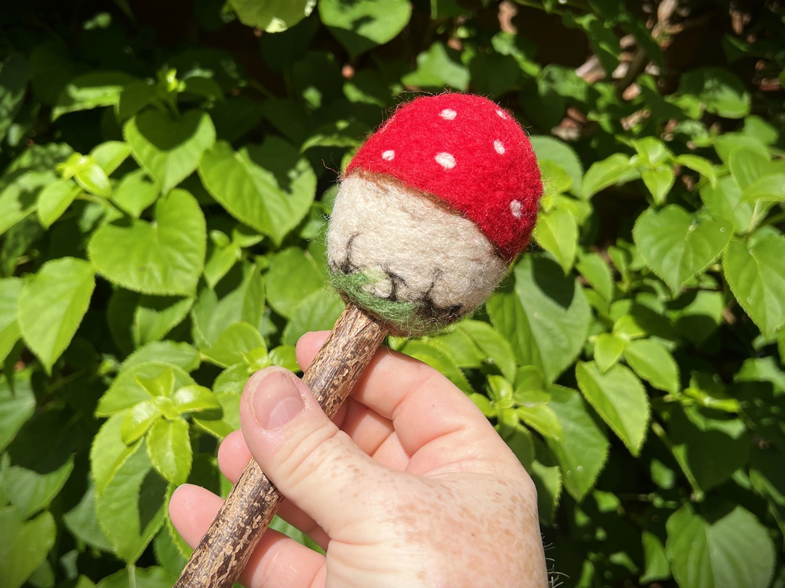 Fly Agaric Shamanic Drum Beater. Felted wool head in the design of the fly agaric - Red top.