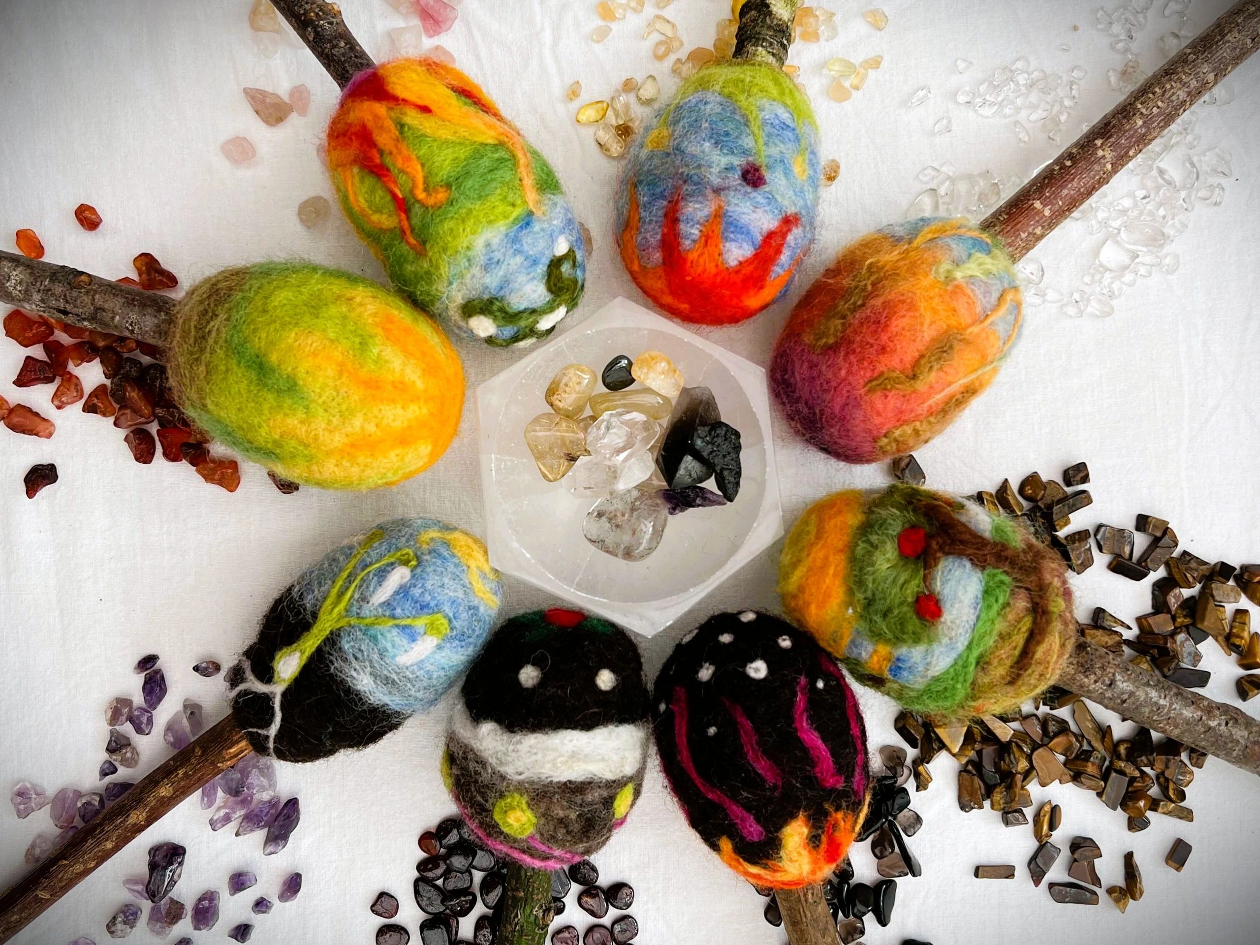 Circle arrangement of the 8 Sabbat Series Drum Beaters showing different felt designs for each