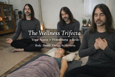 integrated wellness via yoga asana meditation, pranayama breathwork, and Reiki energy in calm studio