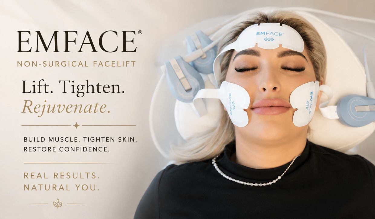 Non-surgical facelift treatment with EMFACE device on a woman's face.