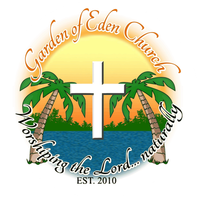 Church logo with cross, palm trees, and sunset.