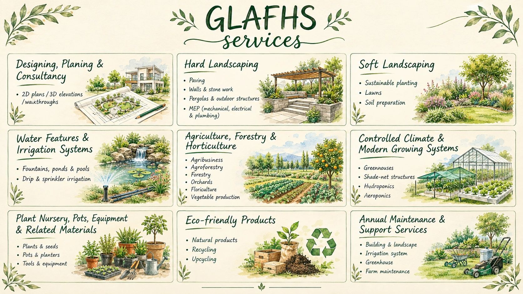GLAFHS services with landscaping, irrigation, agriculture, eco-friendly products, and maintenance.