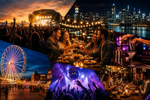 Collage of nightlife scenes featuring concerts, dining, ferris wheel, and city skyline.